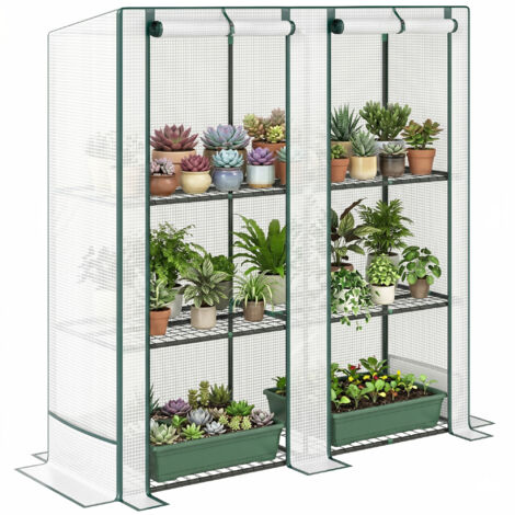 Mini-serre avec étagère 3 niveaux, couverture en plastique, résistant aux UV, portable, porte coulissante, 144 x 48 x 152 cm, Blanc (1/5)