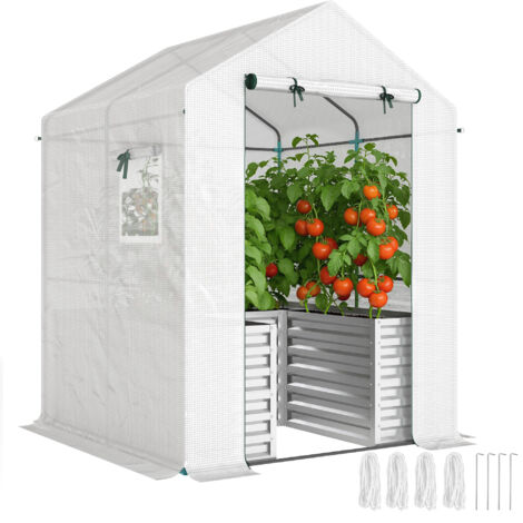 Serre à tomates avec bac surélevé, porte enroulable, fenêtres, toit incliné, 141x141x190 cm, blanc