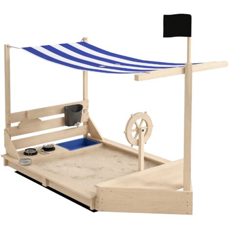 Bac à sable avec toit bateau pirate, incluant set de cuisine jouet, bois massif, 180 x 103 x 144,5 cm, naturel et bleu