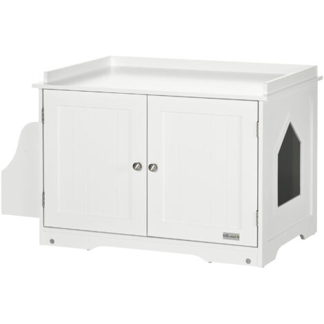 Litière pour chat, maison de chat, avec cloison de séparation, double porte magnétique, rangement latéral, blanc, 86 x 48 x 52 cm (1/5)