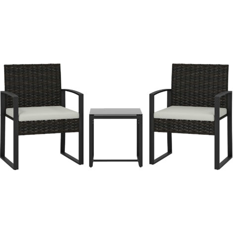 Set de Bistro en Rotin, 3 pièces avec 2 chaises de jardin et table basse, coussins crème amovibles (1/5)