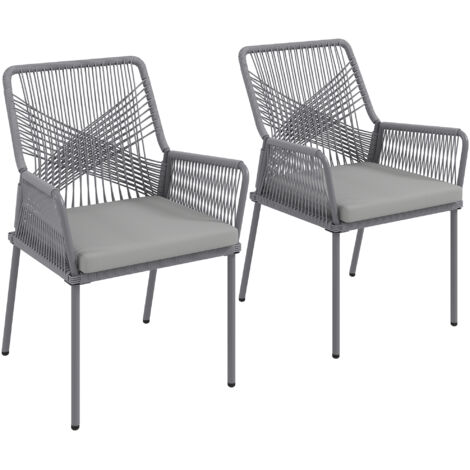 Lot de 2 fauteuils de jardin, chaises de terrasse, coussins lavables, dossier, accoudoirs, acier, rotin, gris foncé (1/5)