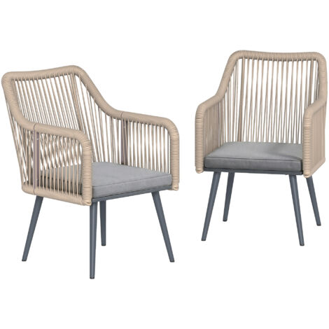 Lot de 2 chaises de jardin avec accoudoirs, résistantes aux intempéries, coussins d’assise, cadre métallique, charge max 120 kg, gris clair (1/5)