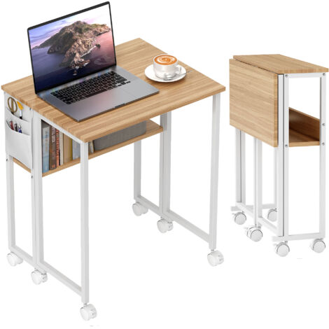 Table Pliante Gain de Place Rabattable avec Étagère, Poche de Rangement et Roulettes, Bois Naturel (1/5)