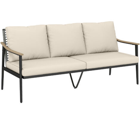 Canapé d'Extérieur 3 Places en Rotin avec Accoudoirs Aspect Bois et Dossier, pour Véranda, Jardin, Vert Kaki (1/5)