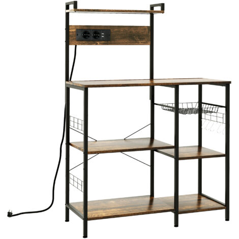 Étagère de cuisine avec prises pour micro-ondes, étagères et panier en filet, 90x42x130 cm, marron (1/5)