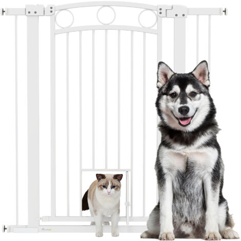Barrière pour Chien Réglable 76-104 cm, Portillon Hauteur 106 cm avec 2 Rallonges, Blanc (1/5)