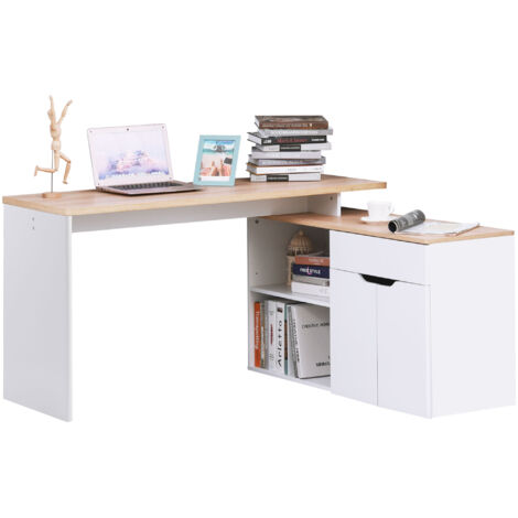 Bureau d'angle avec bibliothèque à 2 étagères, armoire et tiroir, 140x117x76 cm, teinte bois et blanc (1/5)