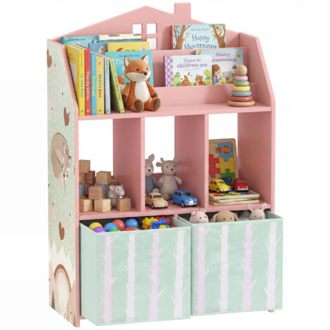 Étagère à jeux enfant en bois FSC, 2 bacs tissu amovibles et étagères, pour chambre, rose (1/5)