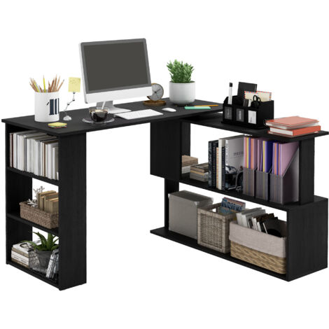 Bureau d'angle avec plateau pivotant à 360° et 5 étagères, 120x110x74,5 cm, Noir (1/5)