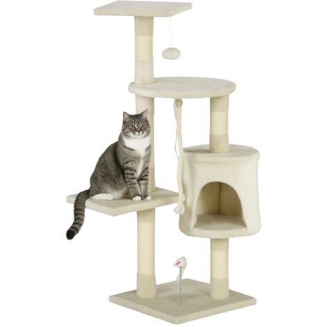 Arbre à chat Tiragraffi avec bac, balle et corde pour jeu et détente, 40x40x116 cm, Beige (1/5)