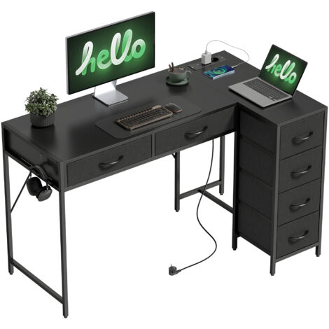 Bureau d'angle noir 6 tiroirs avec crochet latéral et prises intégrées, bois et acier, 126x48x80 cm (1/5)