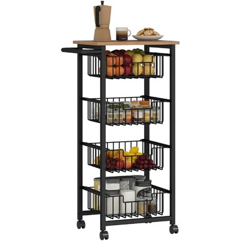 Chariot de Cuisine avec 4 Paniers Extractibles, Roues et Freins, Acier et Bois, 49,5x31x91 cm, Chêne (1/5)
