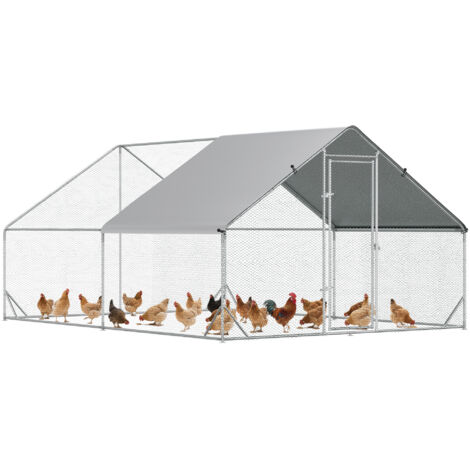 Poulailler de Jardin avec Châssis Galvanisé, Toit Imperméable et Treillis Hexagonal, 3x4x2 m, Argenté (1/5)