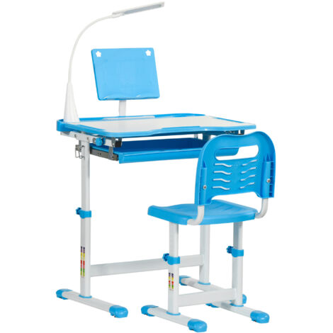Banco scolaire avec chaise enfant 6-12 ans réglable en hauteur et inclinaison, bleu (1/5)