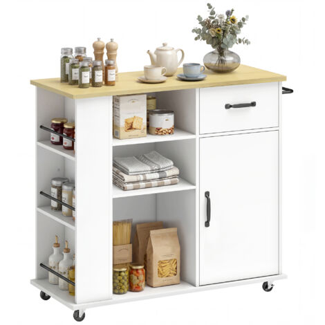 Meuble de cuisine mobile avec tiroir, placard et étagère réglable, blanc (1/5)
