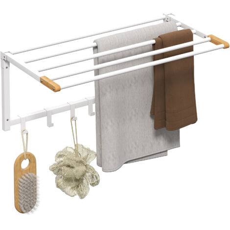 Support mural pliant 5 barres 6 crochets bois acier blanc 60x32.5x20 cm (1/5)