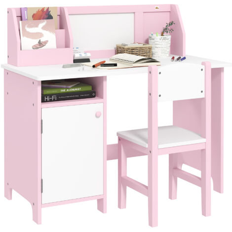 Table et chaise enfant 5+ ans en bois blanc et rose avec pupitre (1/5)