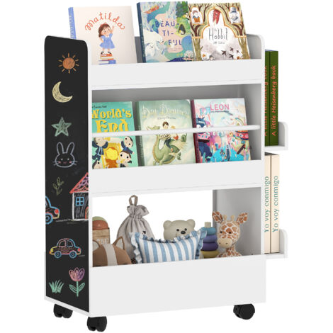 Bibliothèque double face pour enfants 3-8 ans, étagère à jouets sur roues avec tableau noir, blanc (1/5)