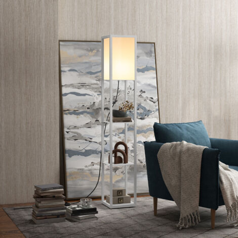 Lampadaire avec 3 Étagères Intégrées, Douille E27 40W, Design Moderne en MDF, 26x26x160cm, Blanc (1/5)