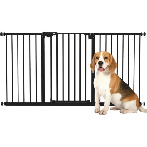 Barrière pour Chien 3 Extensions, Largeur Réglable jusqu'à 147,5 cm, Fermeture Automatique, Noir (1/5)