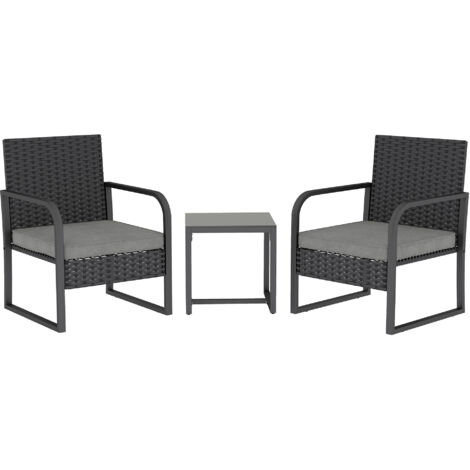 Salon de jardin en rotin avec 2 fauteuils d'extérieur et table basse à plateau en verre, noir (1/5)