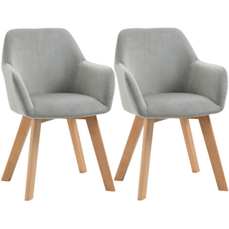 Lot de 2 Fauteuils de Salle à Manger Rembourrés en Velours avec Accoudoirs et Pieds en Bois, Gris (1/5)