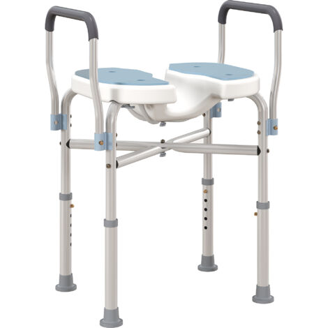 Tabouret de Douche avec Siège Rainuré et Accoudoirs, Hauteur Réglable et Pieds Antidérapants, Bleu (1/5)