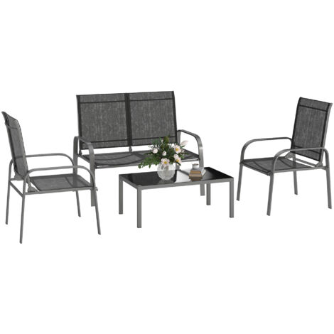 Lot de Jardin 4 pièces avec Table Basse, 2 Chaises et Canapé à Dossier Réglable, en Acier et Textilène Noir (1/5)