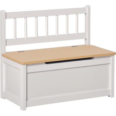 Cassapanca pour Enfants 2-en-1 en Bois avec Amortisseur de Sécurité, 60x30x50cm Blanc et Bois Naturel