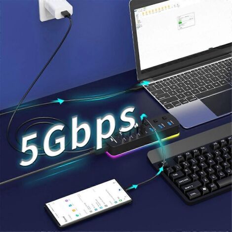 Hub USB 3.0 RGB 7 ports, adaptateur USB 5 Gbit/s, marche/arrêt individuel, noir (1/5)