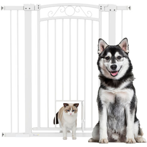 Barrière réglable pour chien avec rallonges et porte pour chat, 76-104x106 cm, blanc (1/5)