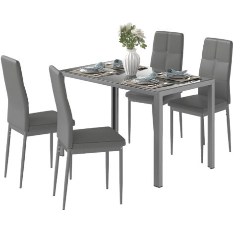 Set de Salle à Manger 5 Pièces avec 1 Table et 4 Chaises Modernes en Similicuir, Métal et Verre Trempé, Gris (1/5)