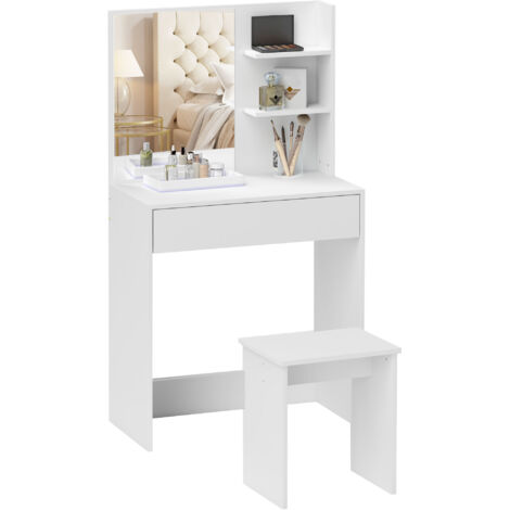 Table de Maquillage 3 Tiroirs avec Miroir et Tabouret, Étagères, Panneaux de Particules, 75x40x137 cm, Blanc (1/5)