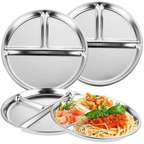 Lot de 3 assiettes compartimentées en acier inoxydable, mini-plateaux de 23 cm réutilisables (1/5)