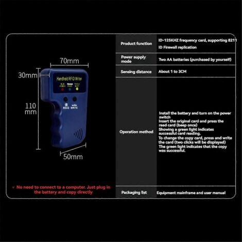 Lecteur/graveur de cartes RFID portable 125 kHz + 5 porte-clés + 5 copieurs/graveurs de cartes (1/5)