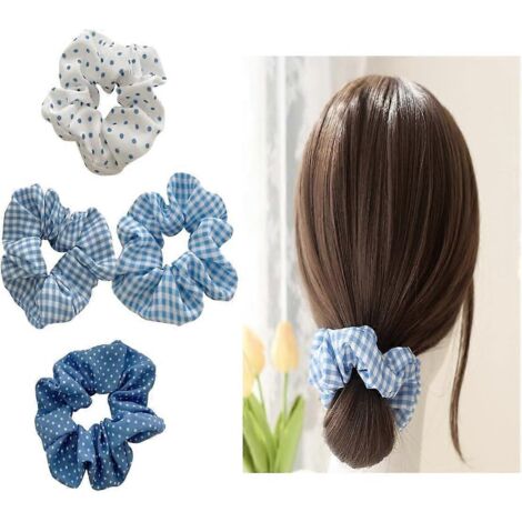 Lot de 4 bandeaux pour femmes, en forme d'intestin de porc, pour attacher les queues de cheval, à motifs floraux et écossais, élastiques et doux à porter. Fixe vos cheveux. (1/5)