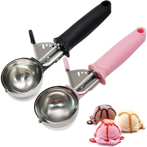 Cuillère à glace en acier inoxydable avec déclencheur et poignée ergonomique, type « hockey sur glace », idéale pour les fruits, la purée de pommes de terre, les gâteaux et les desserts (rose, noir). (1/5)