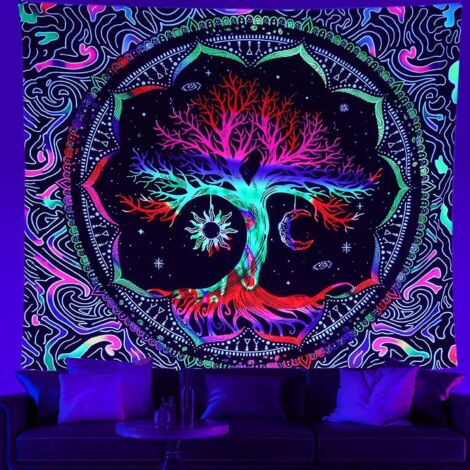 Tapisserie Arbre de Vie, Mandala Soleil et Lune, Décoration Murale Hippie Réactive aux UV pour Chambre - 130 cm x 150 cm (1/5)