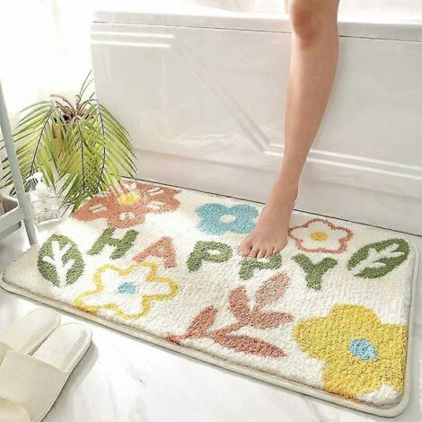 Tapis de bain antidérapant 40x60cm, motif plantes et fleurs, absorbant et doux, pour salle de bain, baignoire, toilettes et entrée. (1/5)