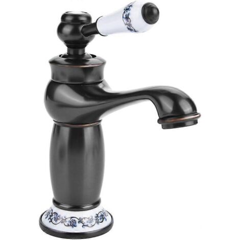 Robinet de lavabo rétro à poignée unique en laiton et céramique, en porcelaine bleue et blanche, col long, style floral vintage, avec arrivée d'eau chaude/froide. Cuisine B (1/5)