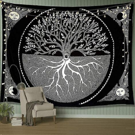 Tapisserie murale Arbre de Vie, Tapisserie esthétique Soleil et Lune, Tapisserie mandala noire et blanche, Décoration murale pour salon et chambre (Arbre) (1/5)