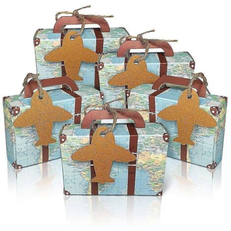 50 boîtes à dragées en forme de valise, motif carte du monde, mini-valises, pour un mariage sur le thème du voyage. (1/5)