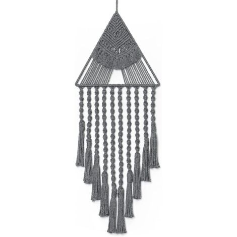 Attrape-rêves mural en dentelle tissée, motif triangulaire à pompons, art géométrique, décoration murale pour appartement ou chambre d'étudiant, encadrement de porte (gris) (1/5)