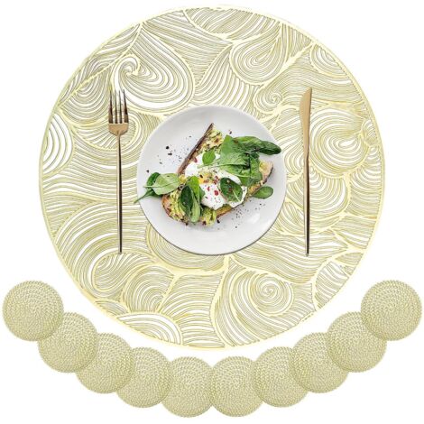 Lot de 10 sets de table et sous-verres ronds dorés, sets de table en PVC doré, sets de table creux, sets de table en vinyle pressé (1/4)