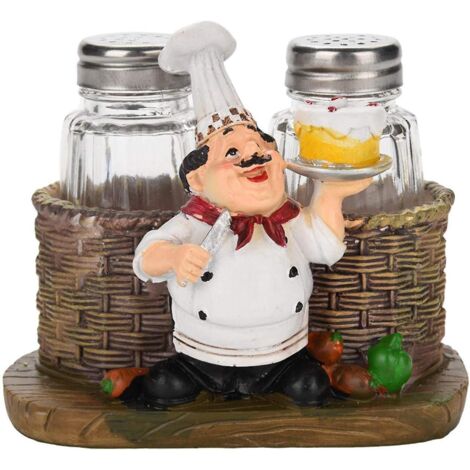 Ensemble salière et poivrière décoratif en résine, figurine représentant un chef tenant un gâteau, avec porte-bouteille. Idéal pour la décoration de table, cuisine, salle à manger ou boulangerie. (1/5)