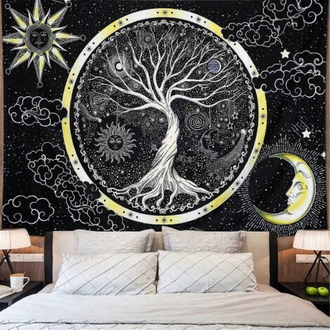 Tapisserie murale psychédélique lune et soleil, tapisserie arbre de vie, tapisserie murale galaxie noir et blanc, décoration murale hippie pour chambre ou appartement (1/5)