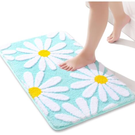 Tapis de bain vert à fleurs blanches 40 x 60 cm, antidérapant, en microfibre douce et lavable en machine. (1/5)