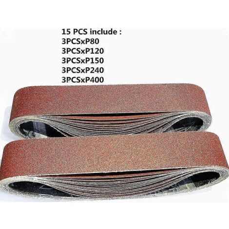 Bandes abrasives mixtes (grains 80/120/150/240/400) pour ponceuses à bande, 50 x 686 mm, lot de 15. (1/5)
