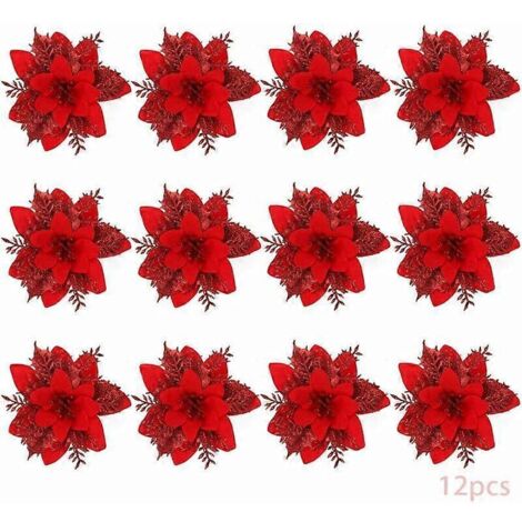 Lot de 12 fleurs artificielles de Noël (rouges), poinsettias, décorations pour sapin de Noël (1/5)